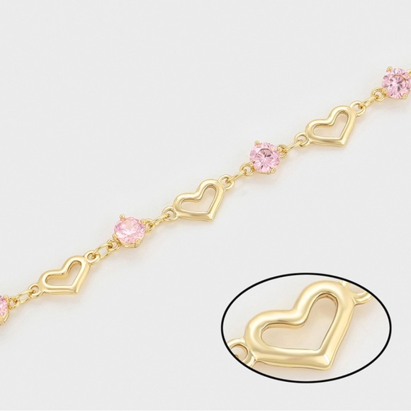 Heart Chain Bracelet CZ Pink Stone 14k Gold Plated - Picture 6 of 11